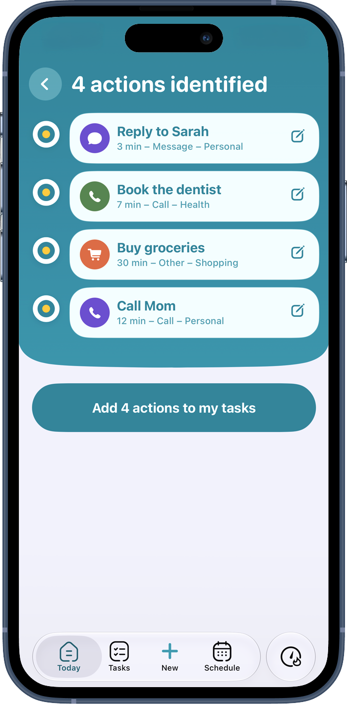 Four actions identified automatically from a mind dump in minoli