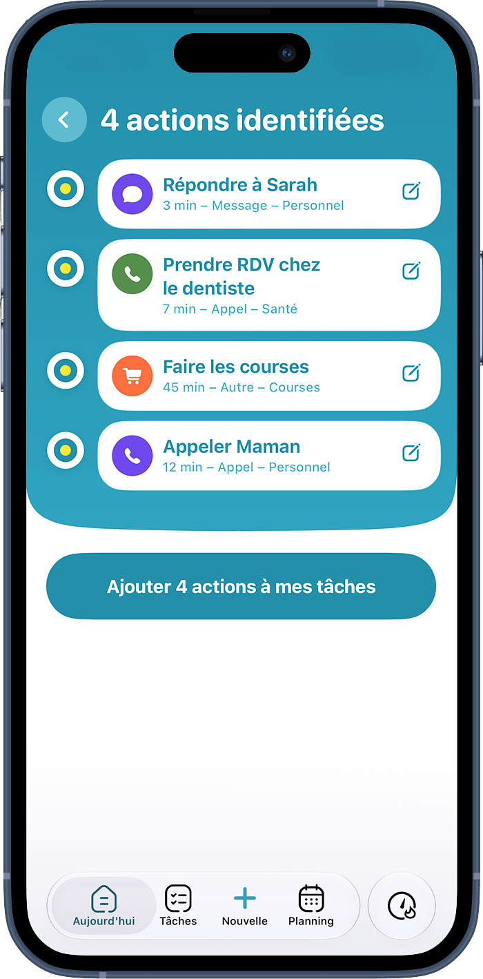 Quatre actions identifiées automatiquement à partir d’un vide-esprit dans minoli