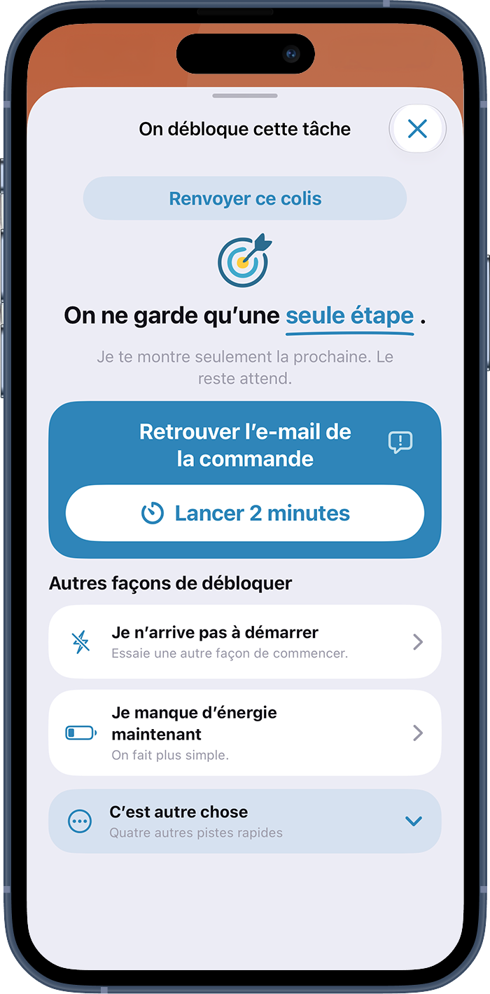 Parcours de déblocage de minoli proposant plusieurs façons de reprendre une tâche