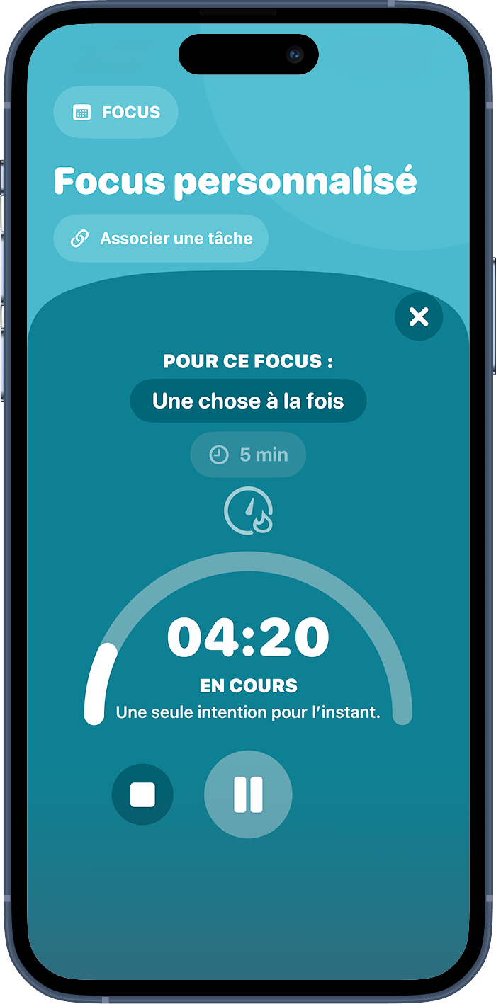 Mode Focus personnalisé de minoli avec un minuteur de cinq minutes
