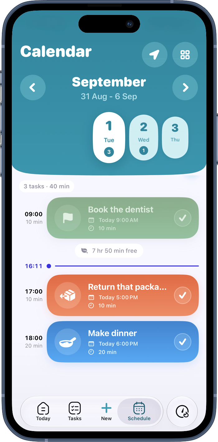 minoli Calendar showing tasks and the free time left in the day